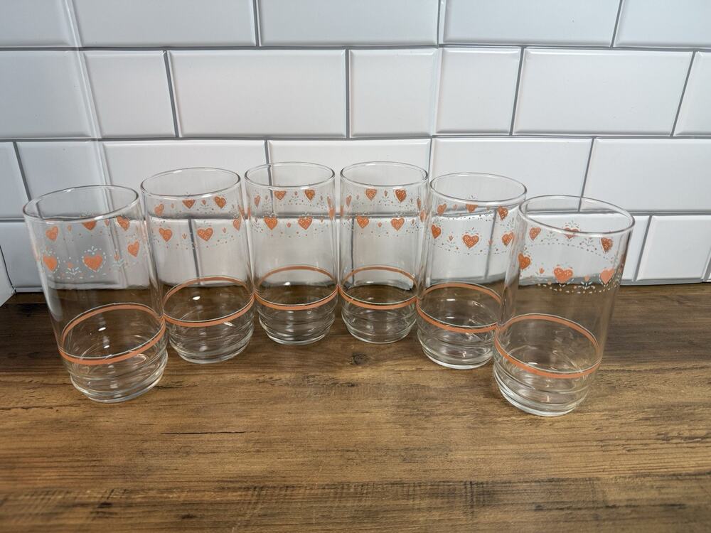 Corelle Forever Yours Tumblers 16 oz. Set of 6 Hearts Vintage Glasses Cottage